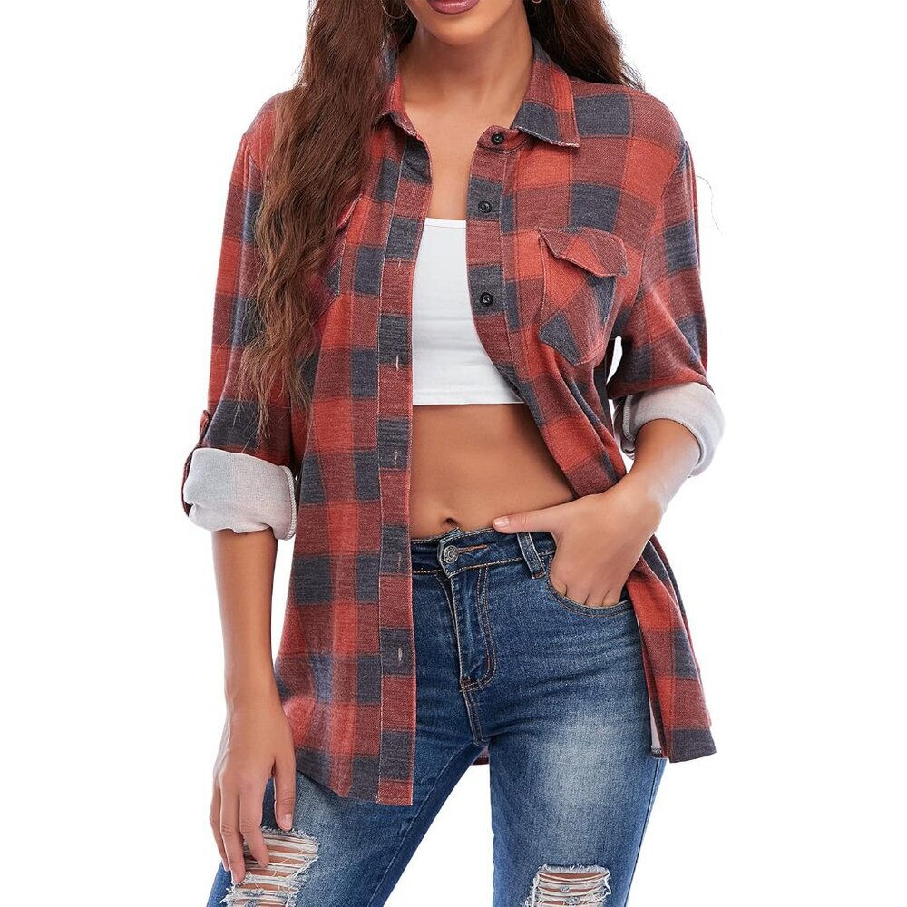 Versatile Women's Cuffed Button-Down Plaid Shirt … - image 3